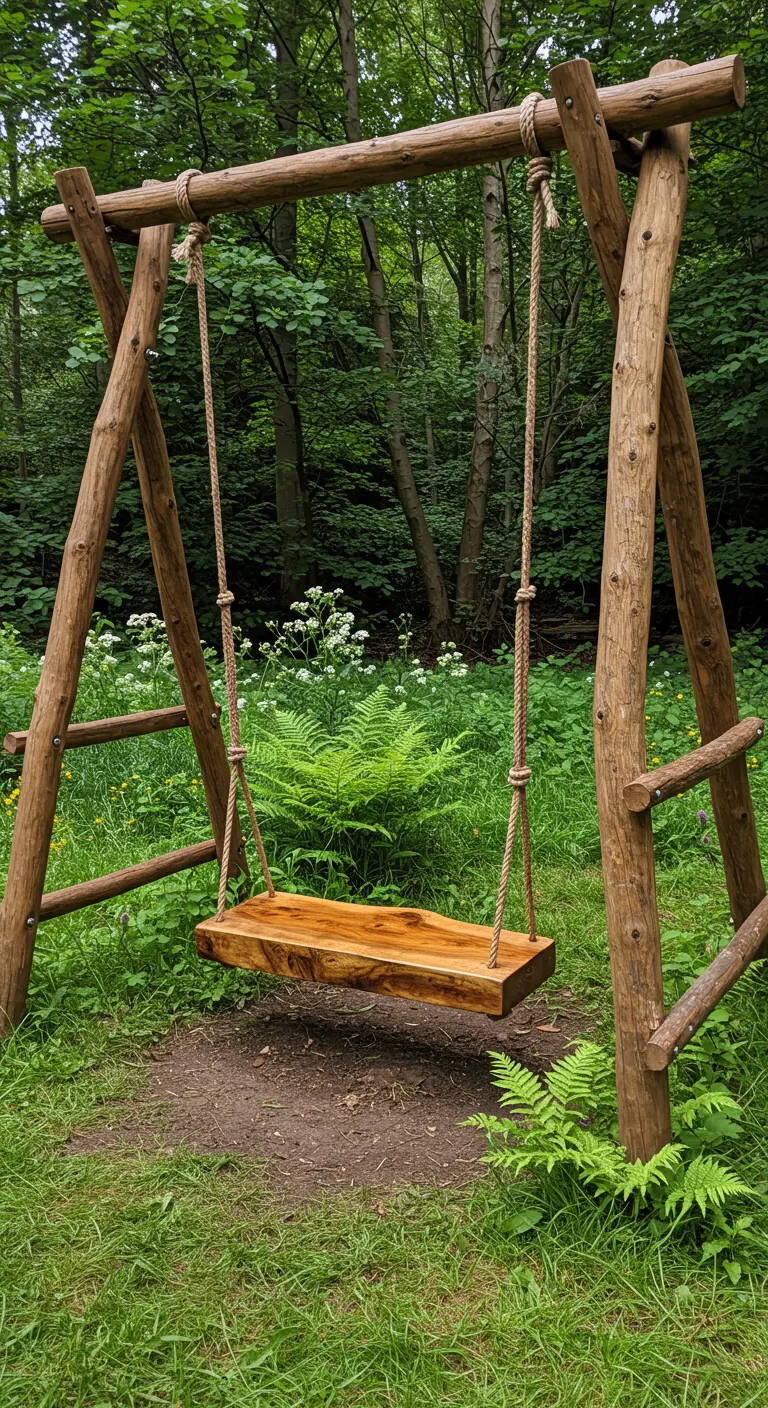 Robuuste A-frame schommel gemaakt van boomstammen met een houten plank als zitting in het bos.