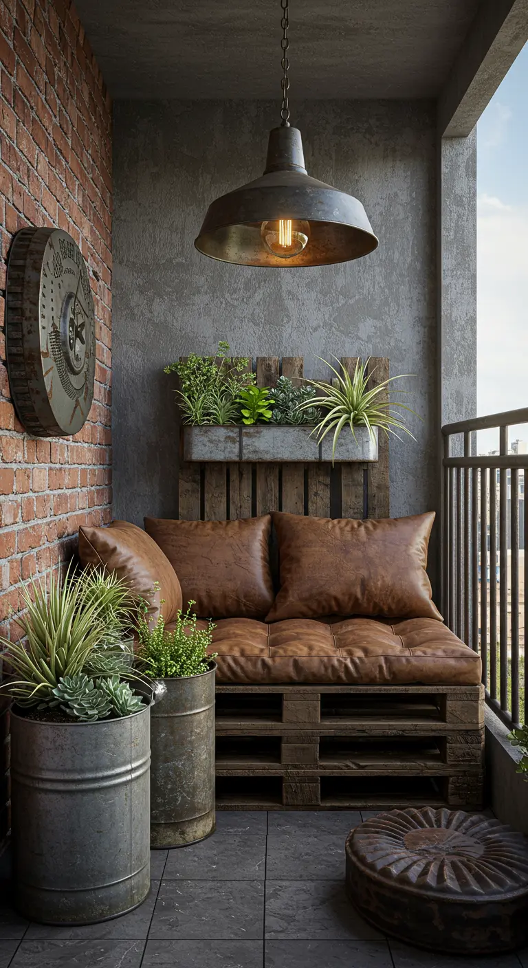 Industrieel balkon met palletbank, leren kussens, metalen plantenbakken en hanglamp.