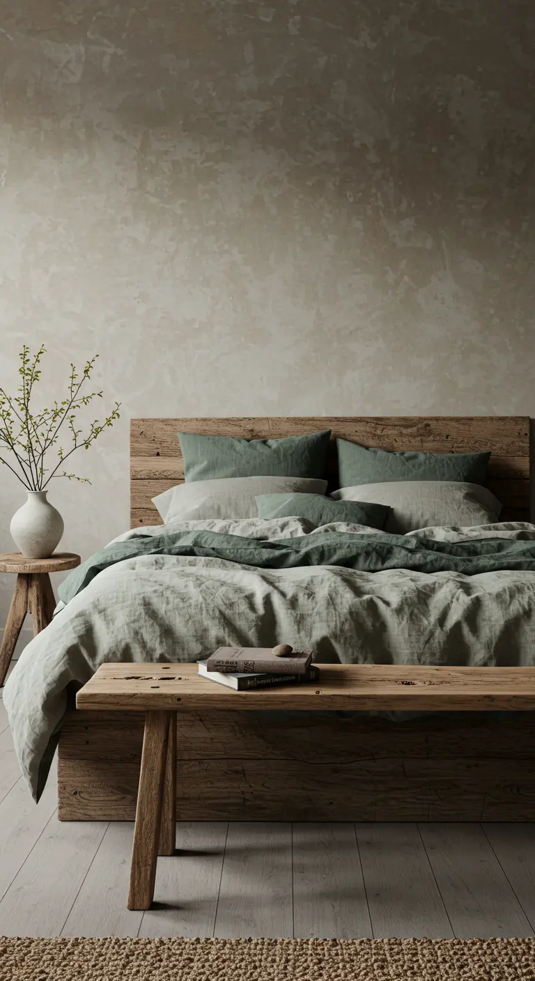 Slaapkamer met robuust houten bed, zachtgroen linnen en houten bankje.