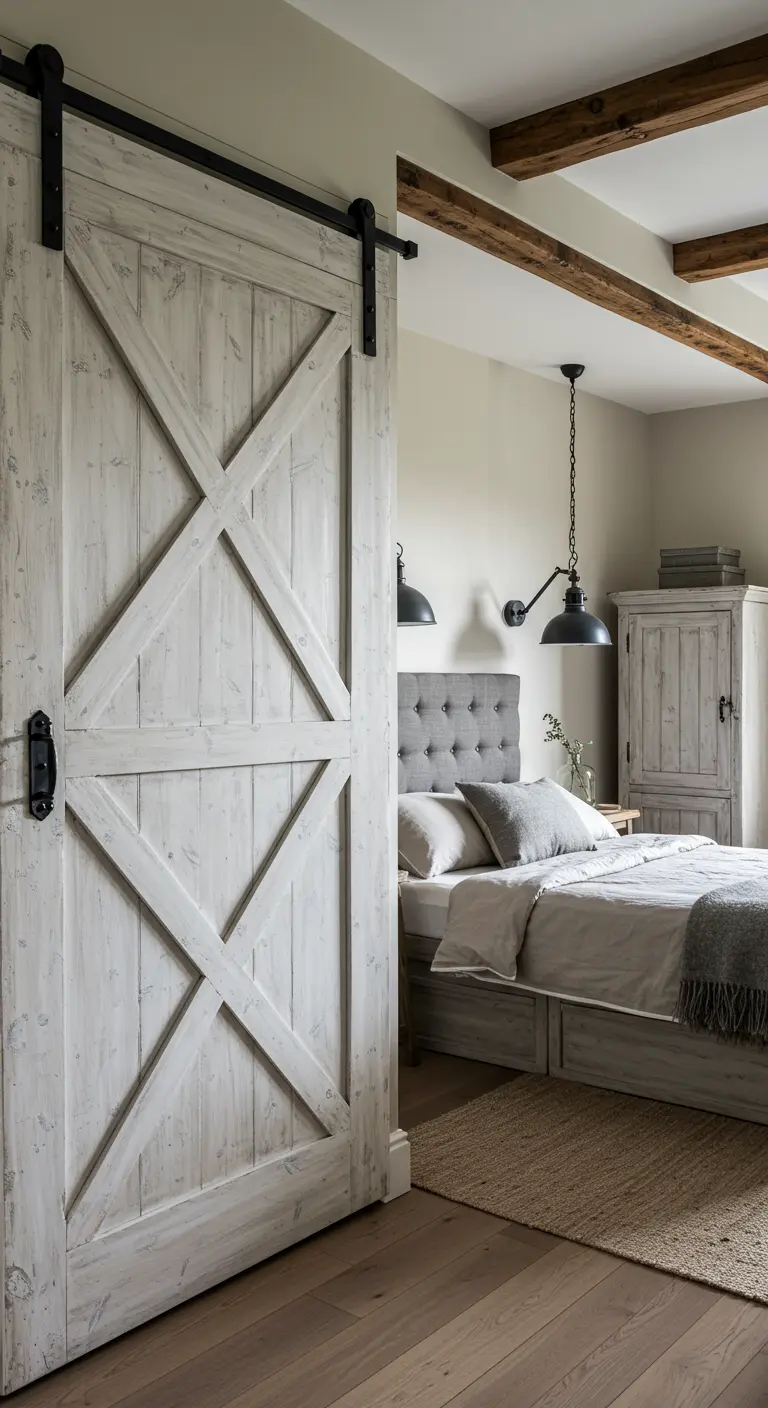 Grote, witgeverfde houten boerderijschuifdeur (barndoor) in een landelijke slaapkamer.