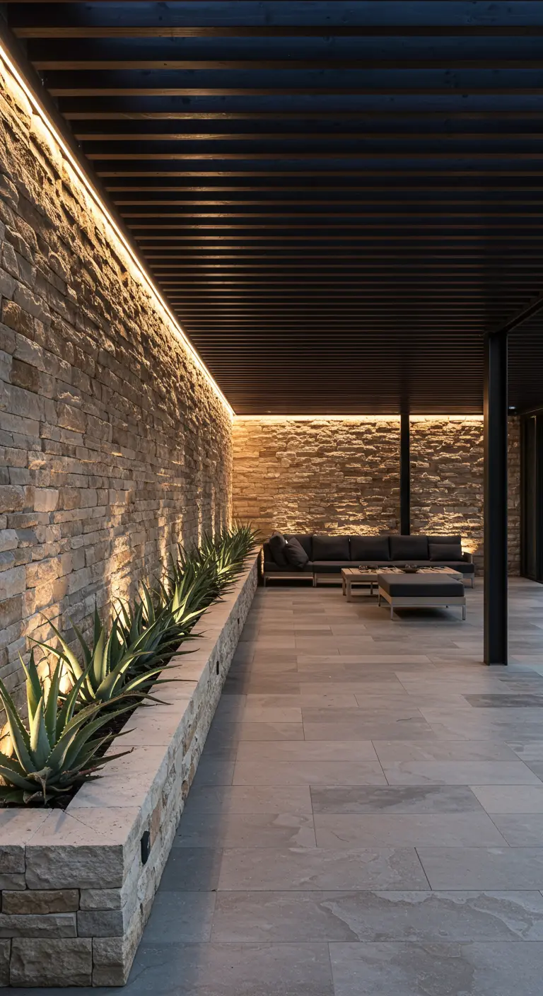 Moderne overkapping met stenen muur, ingebouwde verlichting en een plantenbak met agaven.