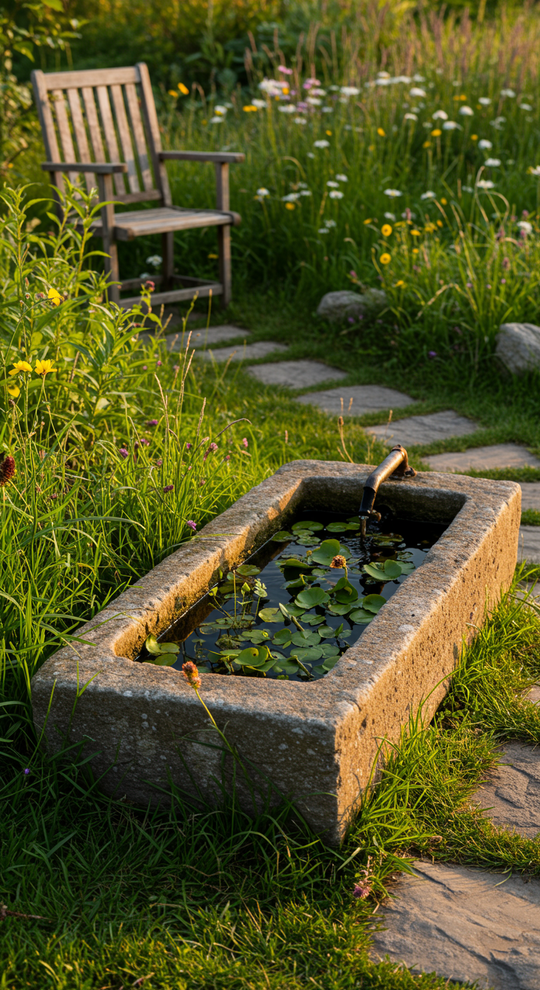 Oude stenen trog als minivijver met waterlelies in een natuurlijke, bloemrijke tuin.