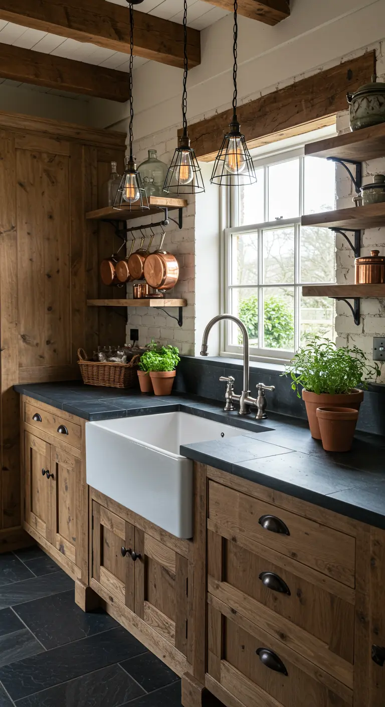Landelijke houten keuken met donker natuurstenen werkblad en boerenspoelbak.
