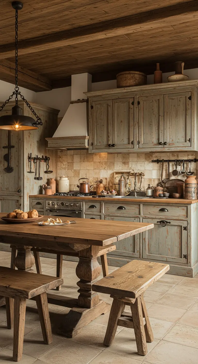Rustieke keuken met vergrijsd groene kasten, houten eettafel met banken en kookgerei dat aan de muur hangt.