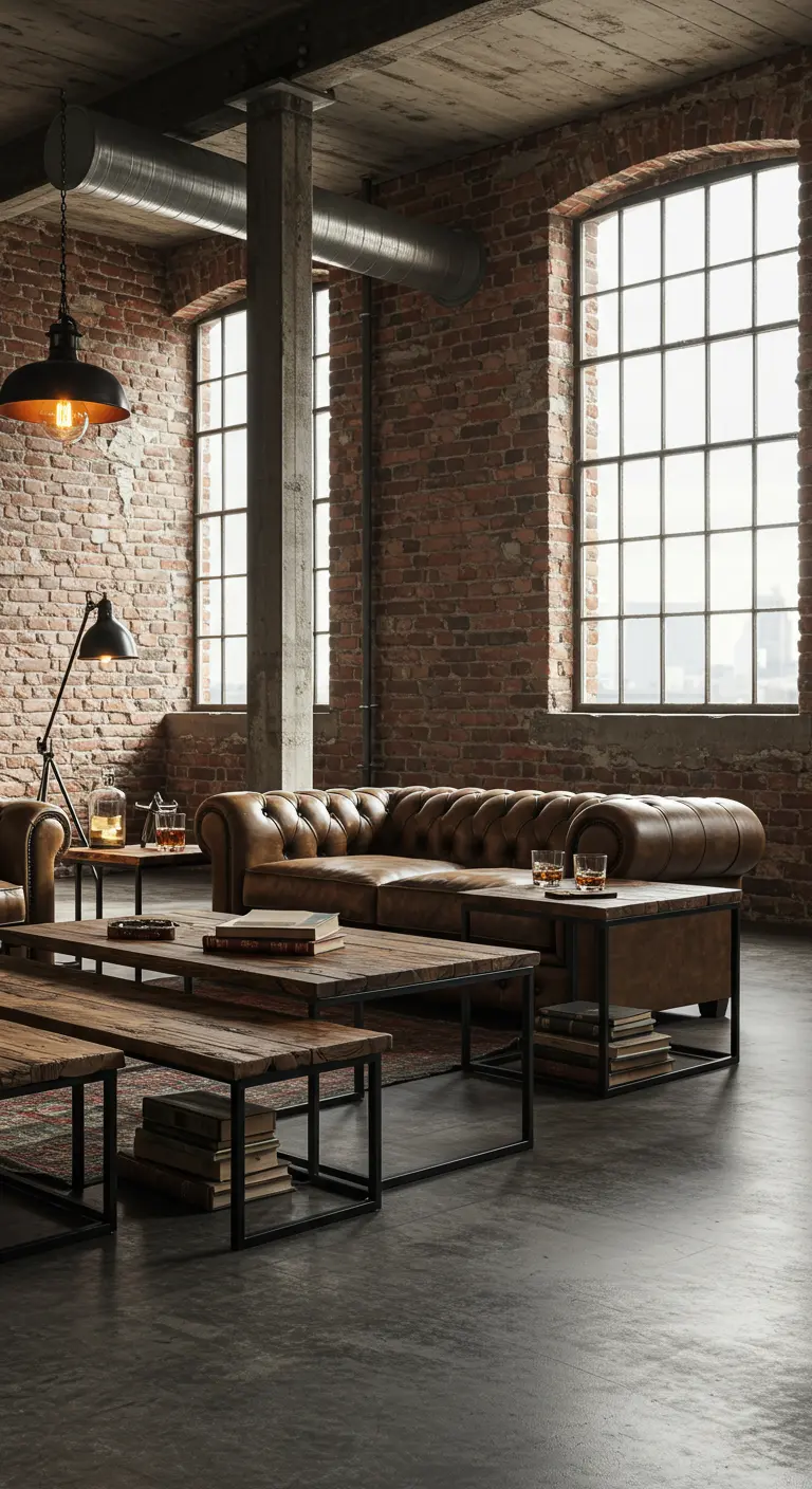 Groep houten en metalen bijzettafels in industriële loft met bakstenen muur.