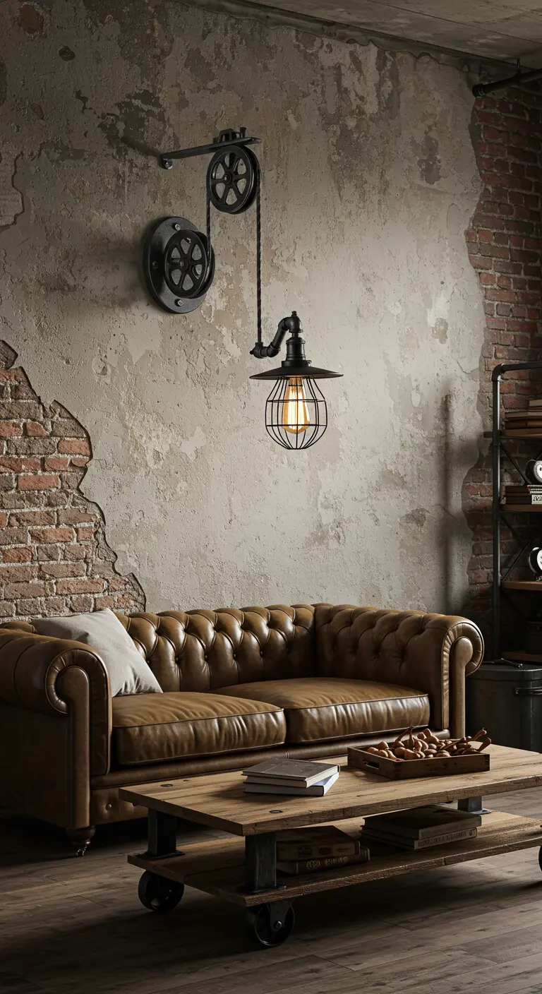 Rustiek-industriële woonkamer met onafgewerkte muur en een wandlamp met katrol en kooikap.