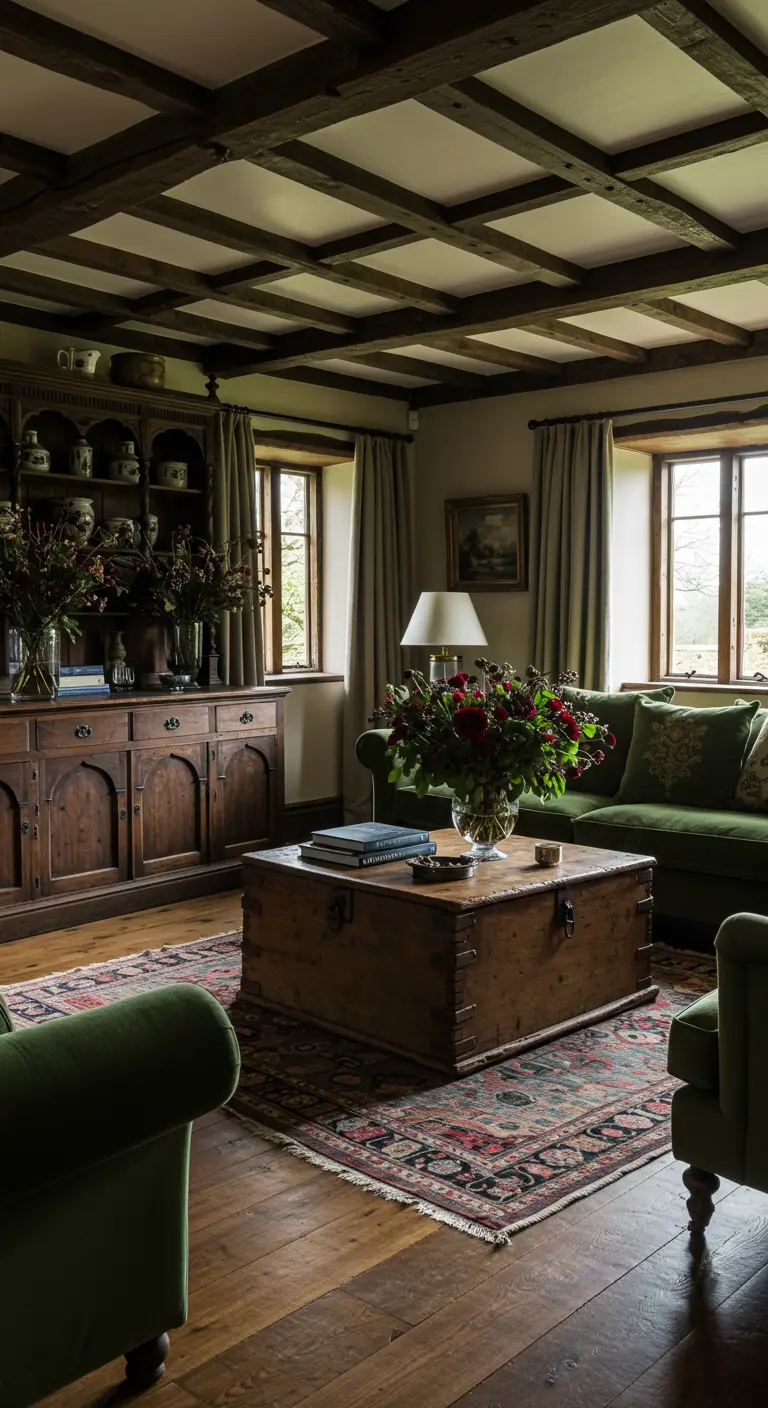 Woonkamer met donkergroene bank, houten kist als tafel en bloemen.