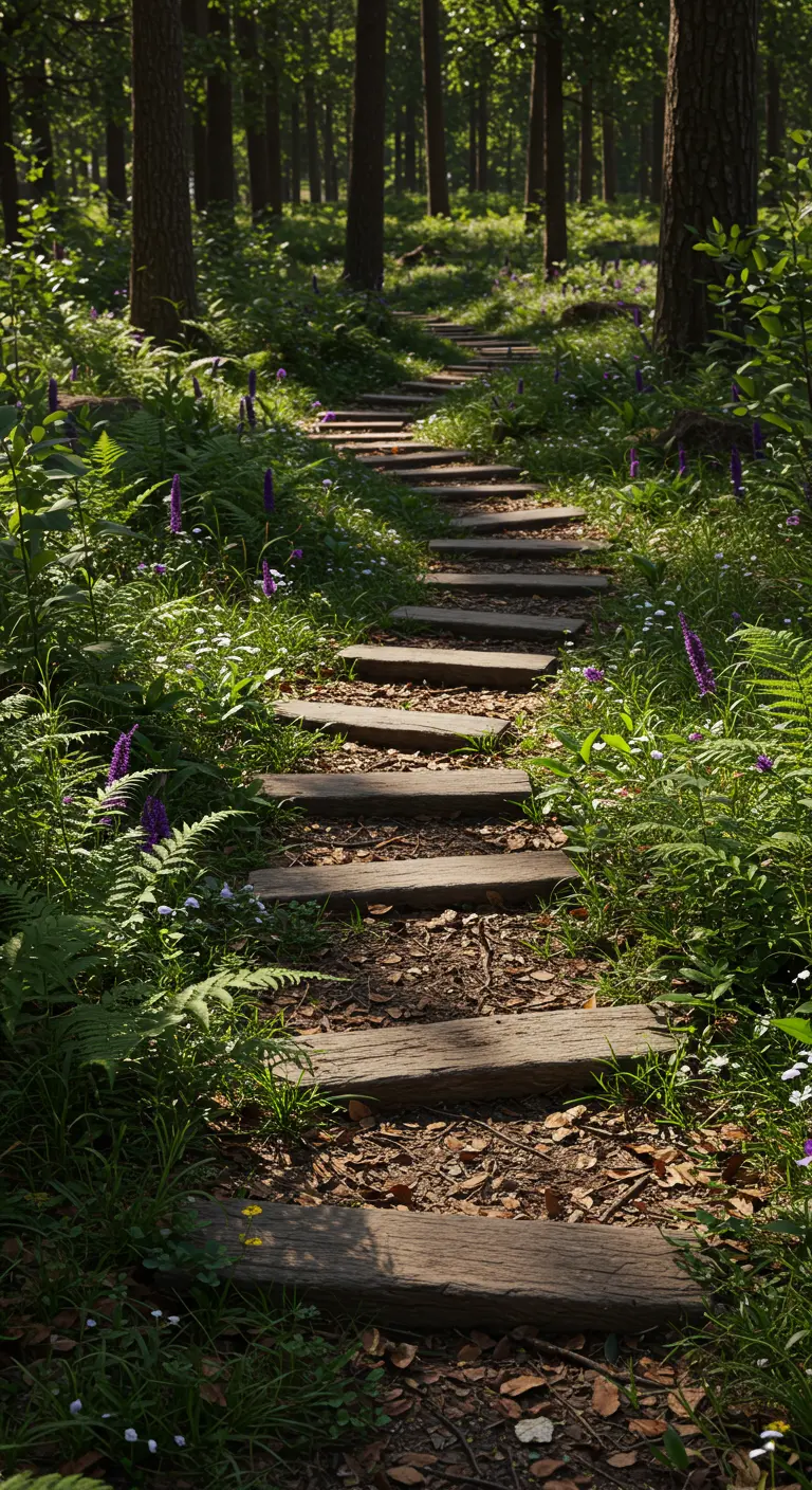 Houten planken als stapstenen in bostuin met wilde bloemen en varens.