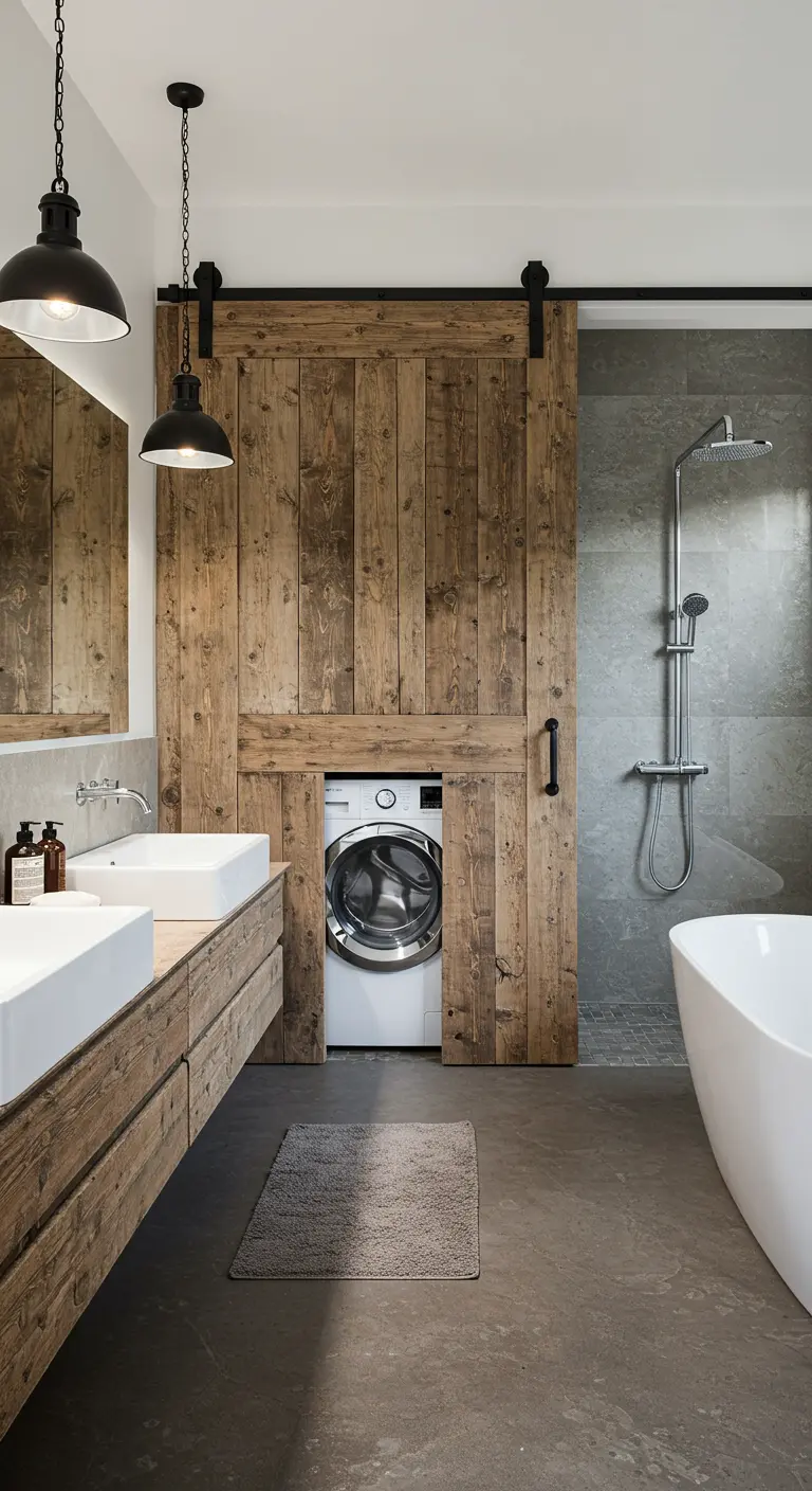 Wasmachine verborgen achter een rustieke houten schuifdeur in een moderne badkamer.