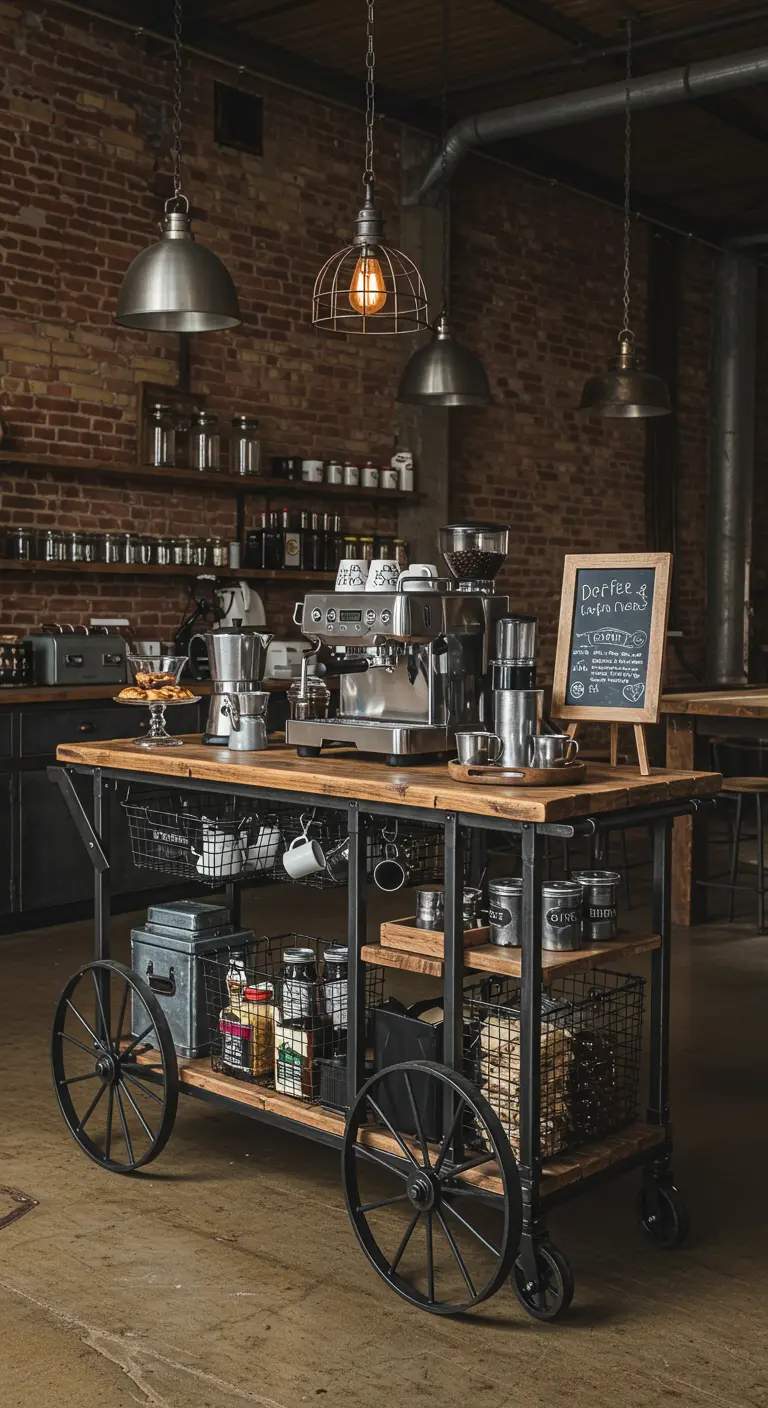 Industriële trolley als koffiecorner met metalen manden en houten planken.