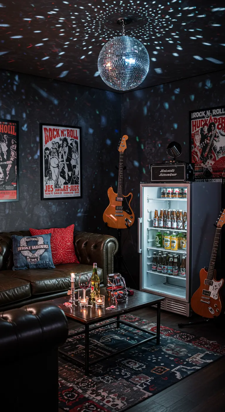 Stoere kamer met rockposters, gitaren, discobal en koelkast met drankjes.