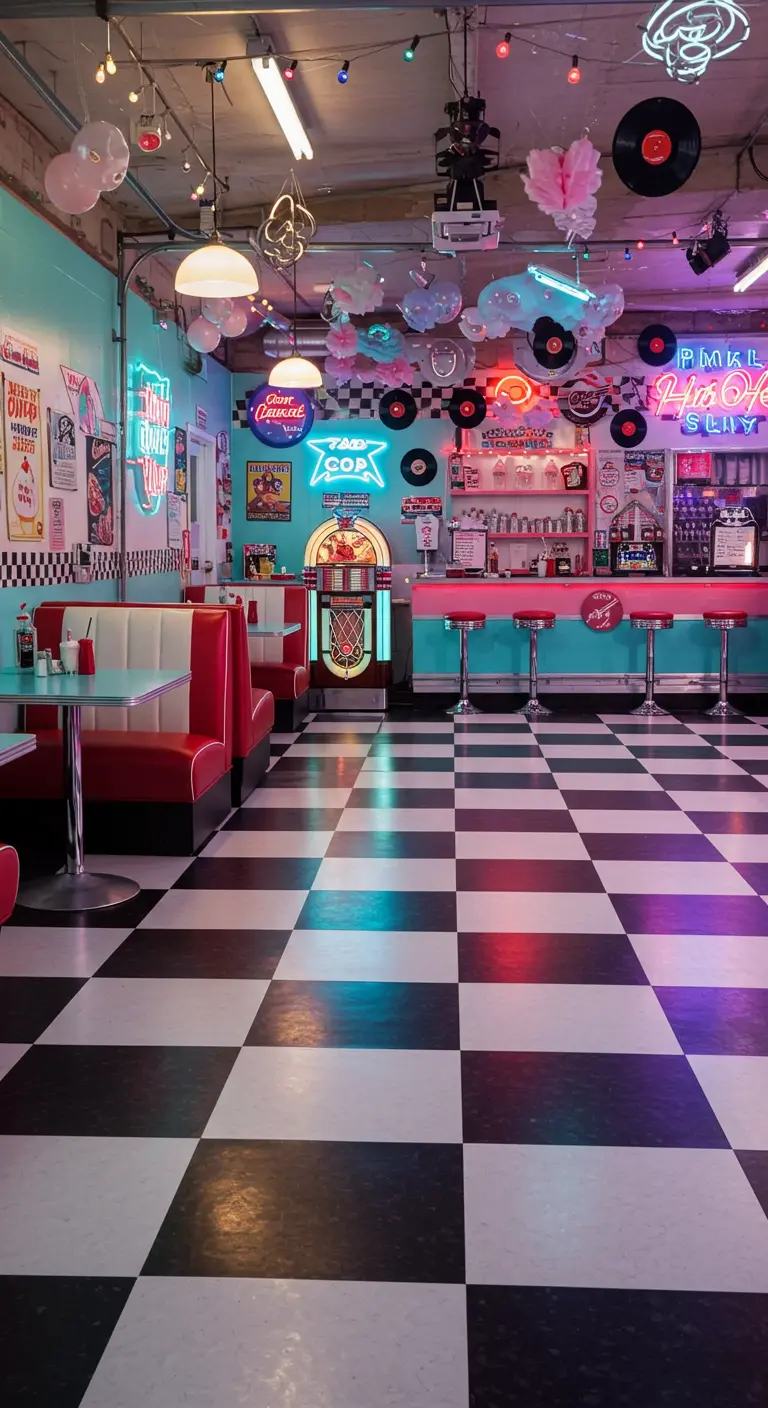 Jaren '50 diner thema verjaardag met jukebox en neon.