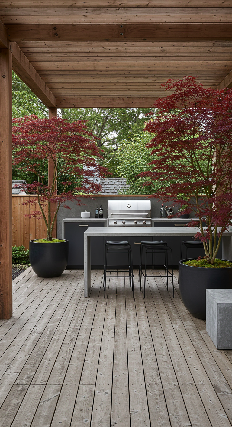 Buitenkeuken onder houten pergola met twee Japanse esdoorns in grote zwarte potten.