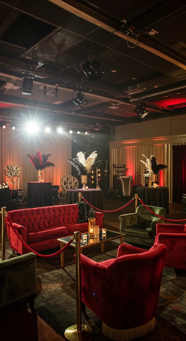VIP-lounge met rode en groene fluwelen meubels en filmthema decor.