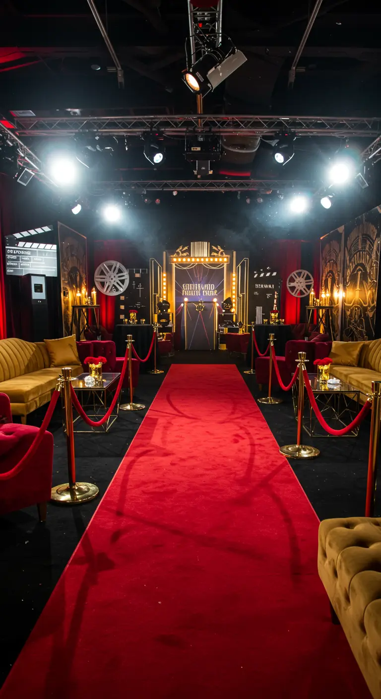 Hollywood première setting met rode loper, spotlights en filmdecoraties.