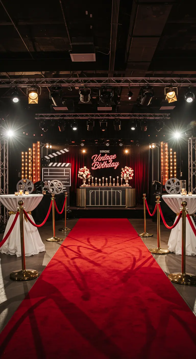 Verjaardagsfeest met Hollywood thema, rode loper en spotlights.