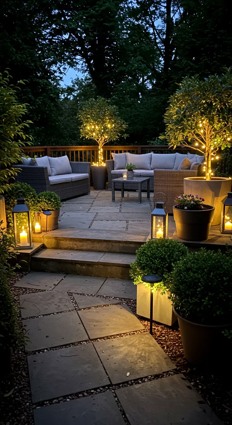 Sfeervol verlicht terras 's avonds met Rododendrons en Buxus in potten, lantaarns en tuinspots.