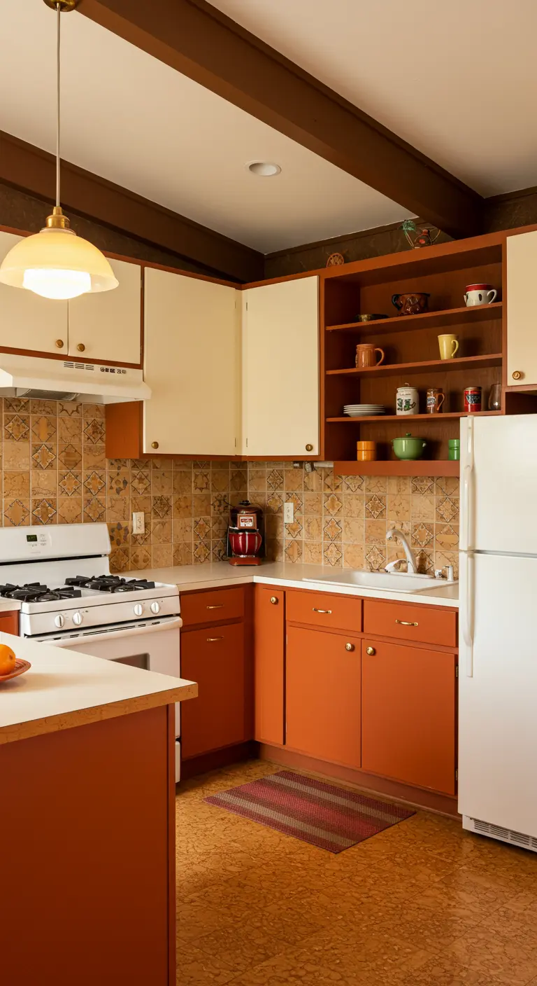 Retro keuken met roestbruine onderkasten, crèmekleurige bovenkasten en vintage tegels.