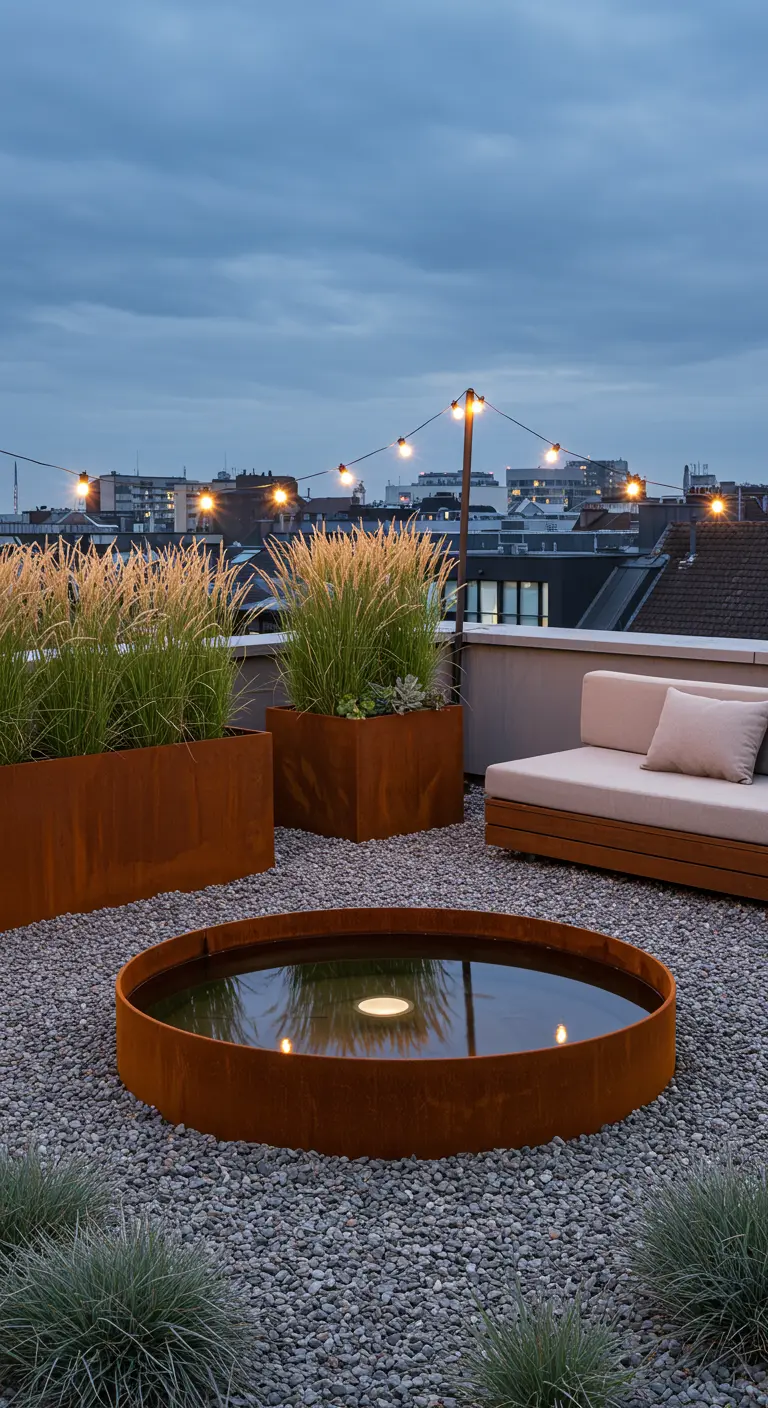 Ronde cortenstaal vijver op dakterras met kiezels, plantenbakken en lichtslinger.
