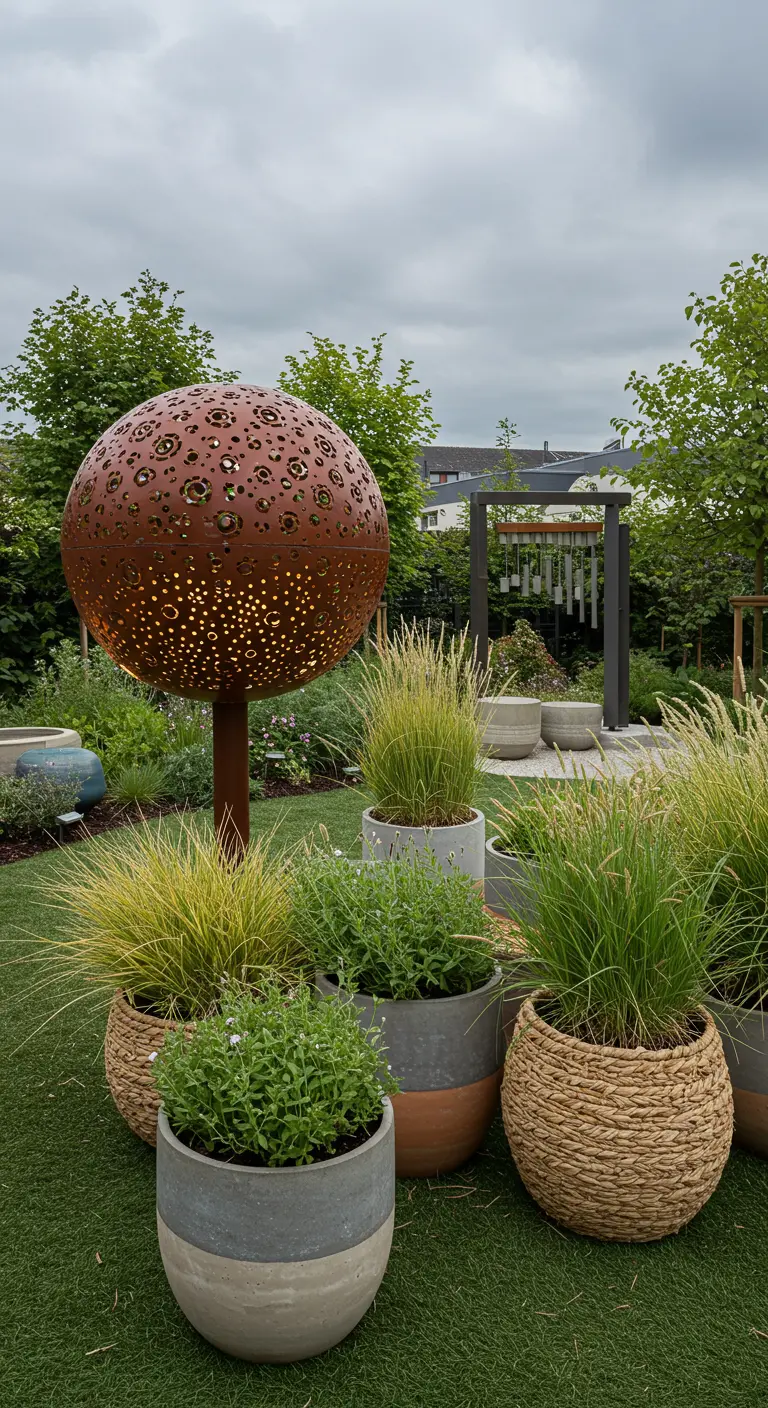 Hedendaagse tuin met grote roestbruine bolsculptuur, plantenpotten met grassen en windgong.