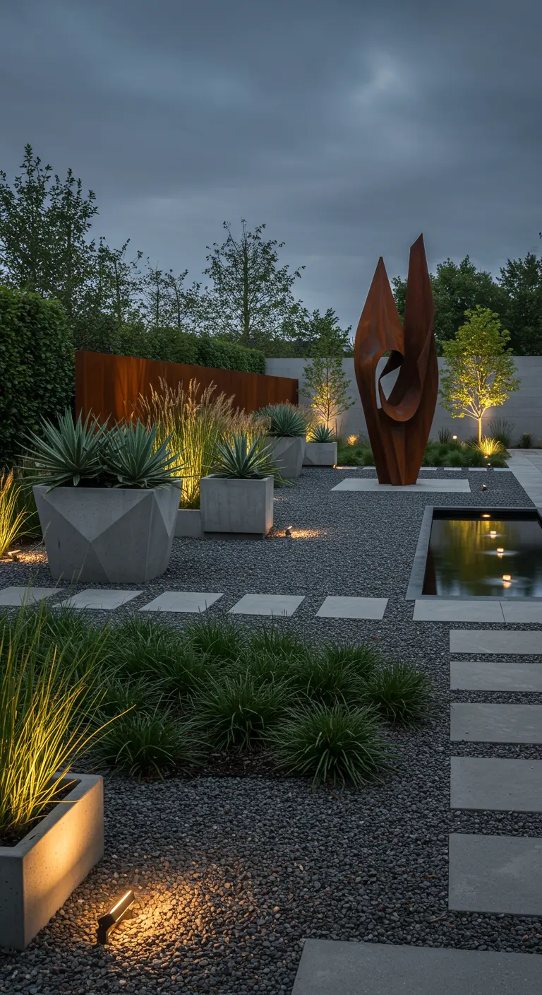 Moderne tuin met roestkleurig kunstwerk, betonnen potten, grind en verlichte waterpartij in de schemering.