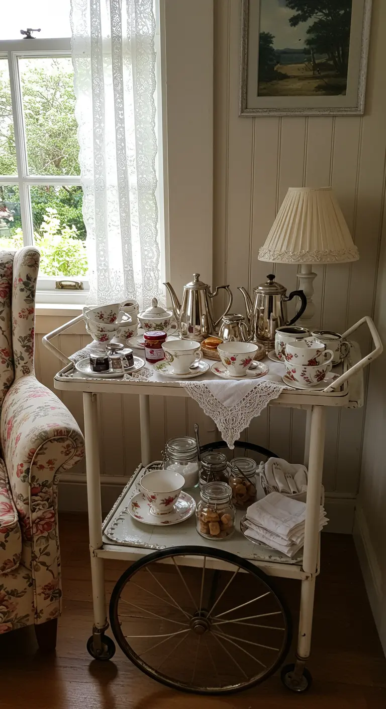 Vintage wit theekarretje vol met klassiek servies en lekkernijen.