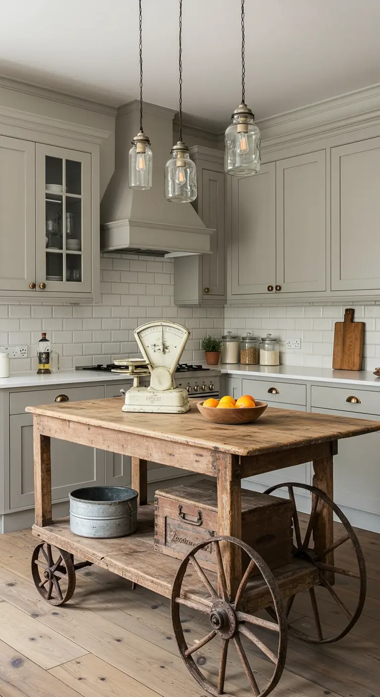 Rustieke keuken met verrijdbaar houten kookeiland op grote wagenwielen, afgewerkt met een antieke weegschaal.