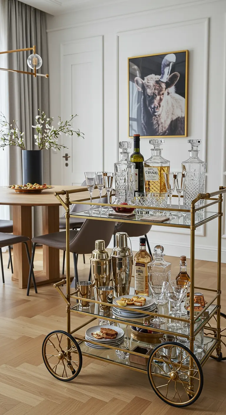 Gouden barcart met glazen platen, gestyled met kristallen karaffen, glazen, en schaaltjes met hapjes.