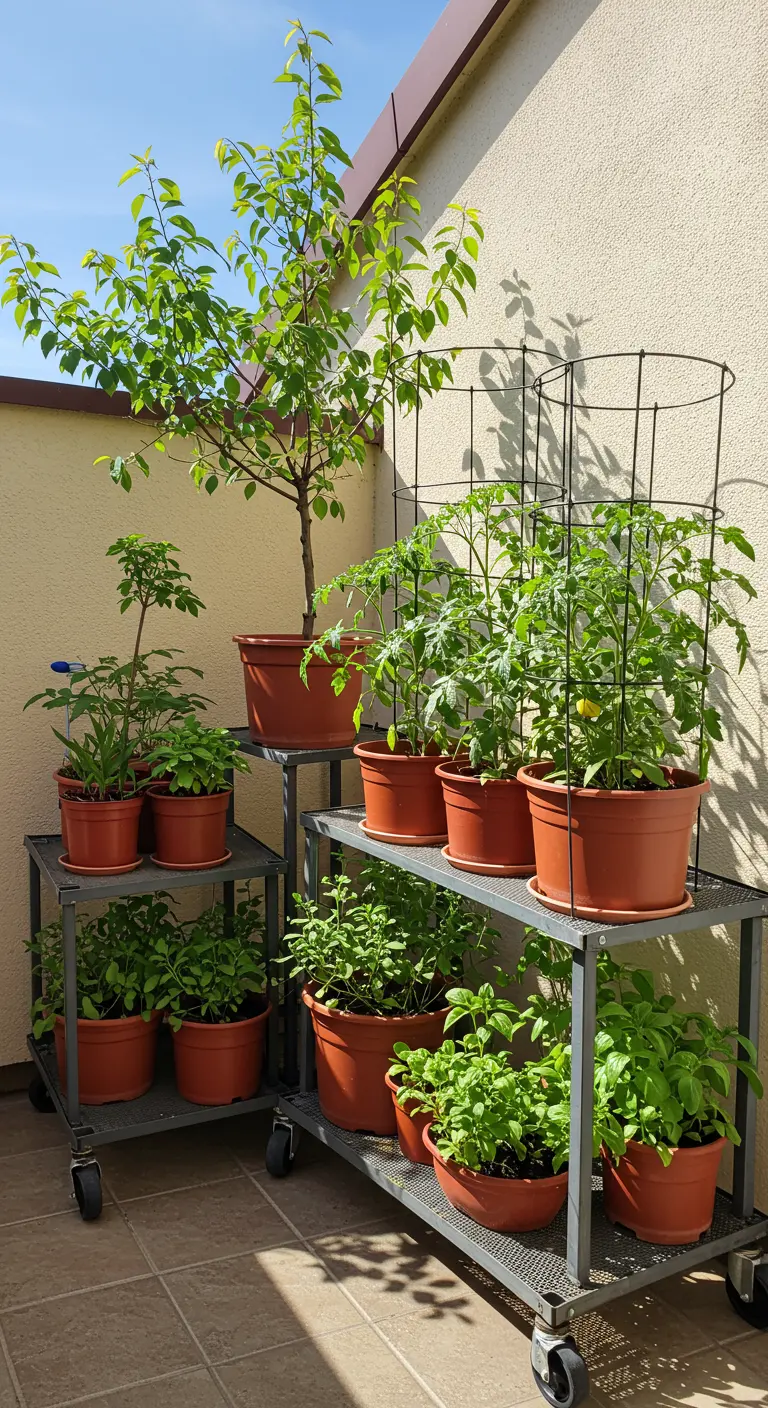 Metalen etagère op wieltjes met diverse potten met tomatenplanten, kruiden en een fruitboompje.