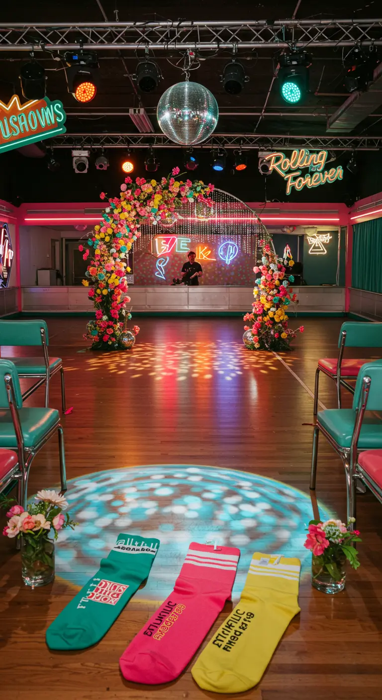 Trouwceremonie in rollerdisco-stijl met discobal, neon, kleurrijke bloemen en themasokken.