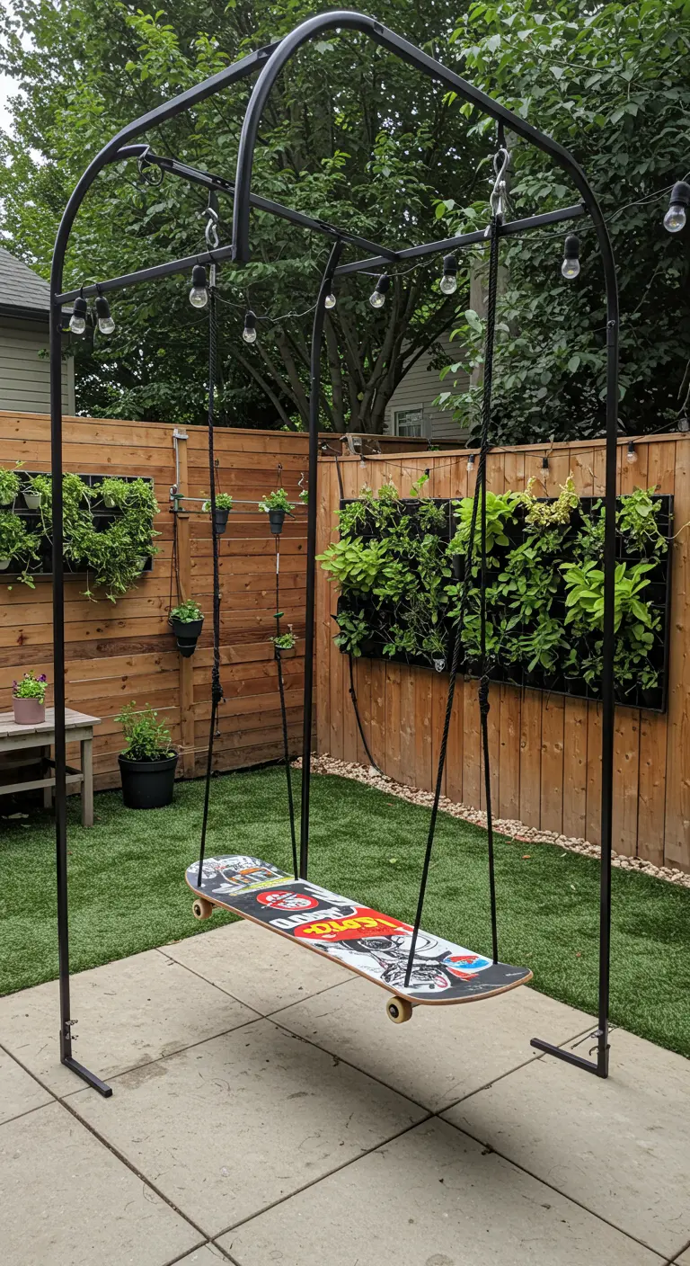 Skateboard schommel hangend aan zwart metalen frame met verticale plantenwand.