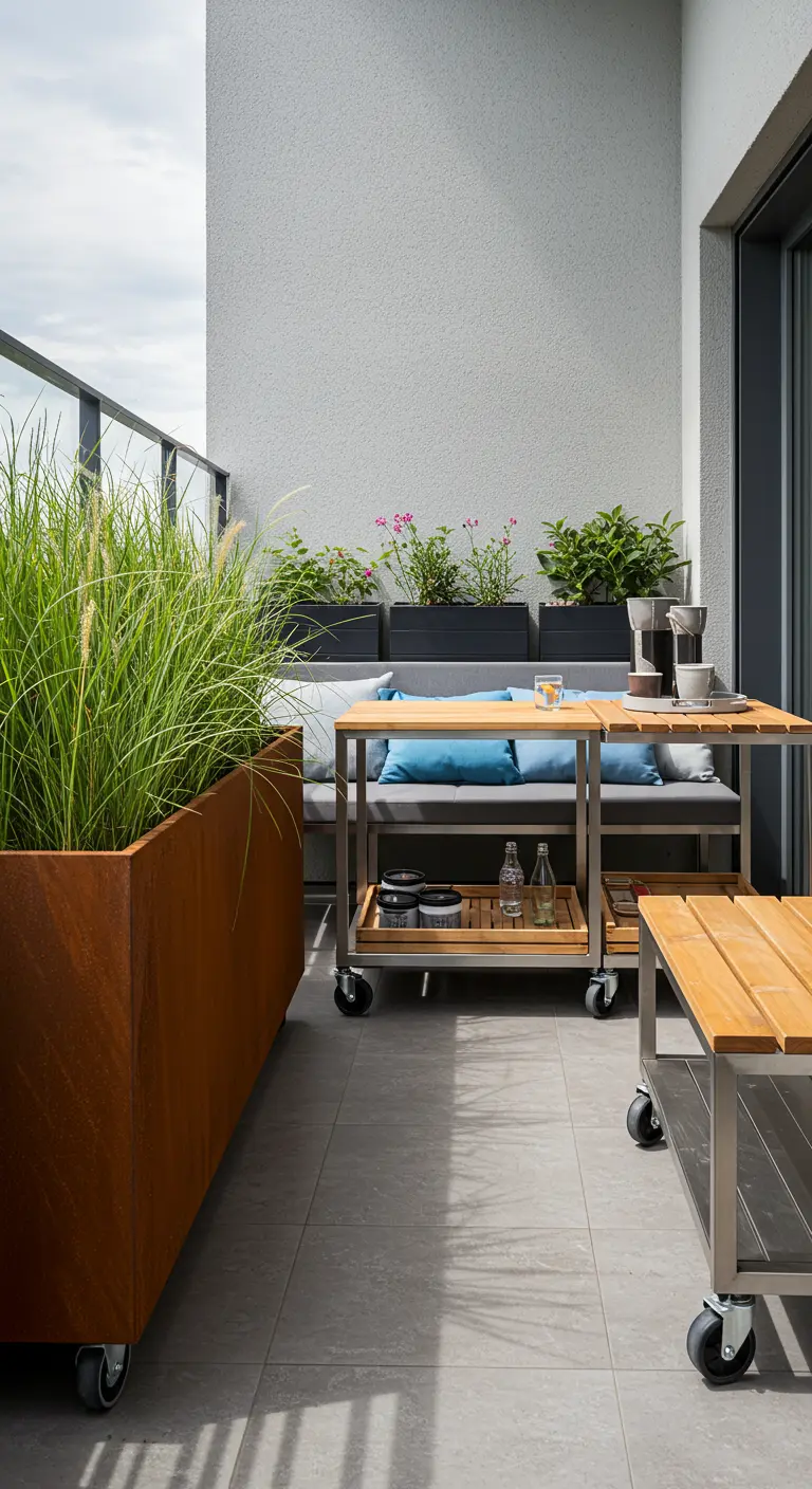 Modern balkon met cortenstalen plantenbakken op wielen en verrijdbare houten tafeltjes.