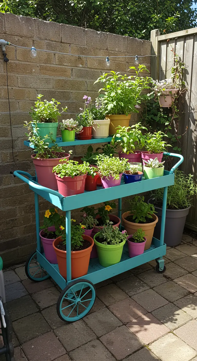 Turquoise metalen serveerwagen als plantenrek vol kruiden in gekleurde potten.