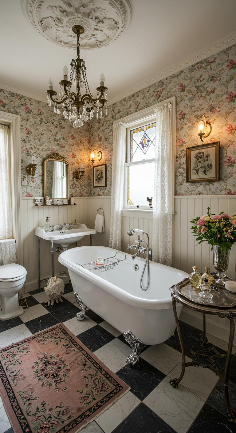 Vintage badkamer met wit bad op pootjes, bloemenbehang, kroonluchter en klassieke wastafel.