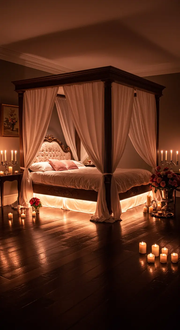 Romantisch hemelbed met warme, zachte LED-verlichting eronder, omringd door kaarsen.