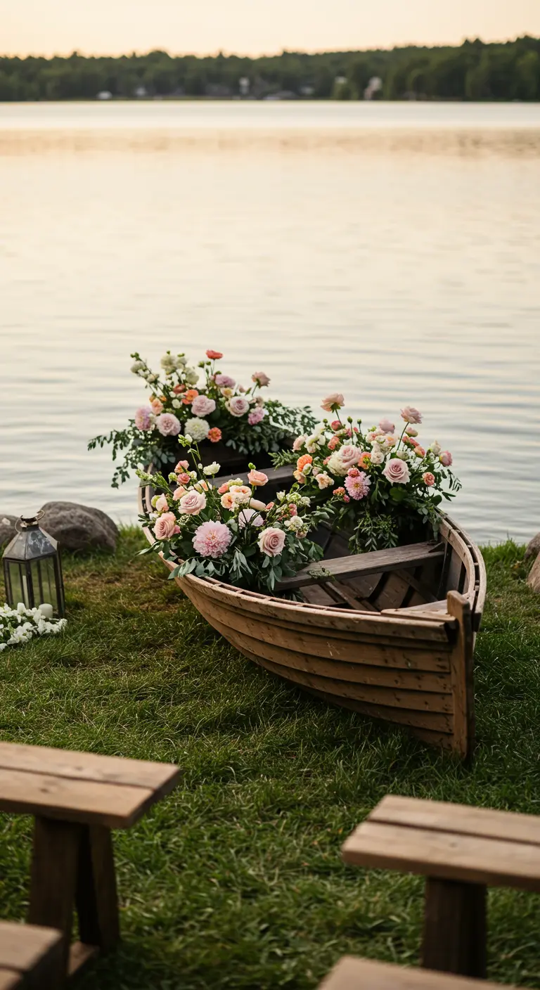 Oude houten roeiboot aan de waterkant, gevuld met roze en witte bloemen.