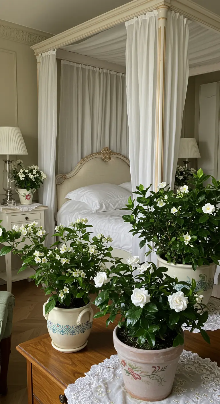 Klassieke slaapkamer met een hemelbed en meerdere Gardenia's in bloei in sierlijke potten.
