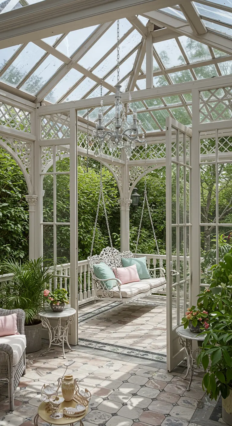 Witte serre met sierlijke schommelbank, vintage meubels en een elegante kroonluchter.