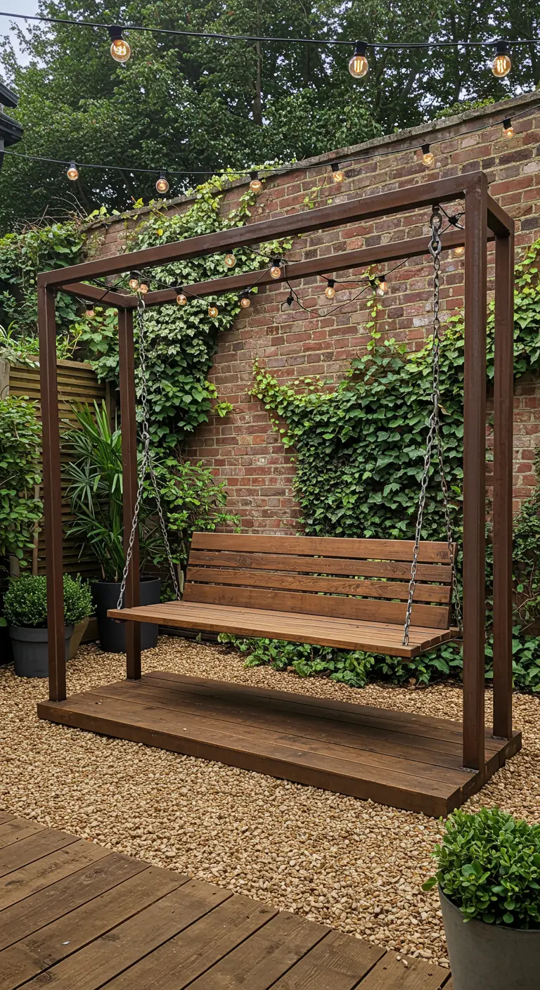 Houten schommelbank in donkerbruin metalen frame met lichtsnoer in een groene tuin.