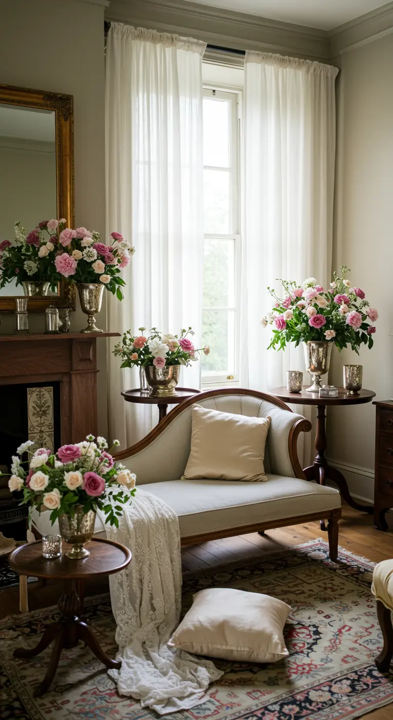 Klassieke kamer met roze en witte bloemstukken en chaise longue.
