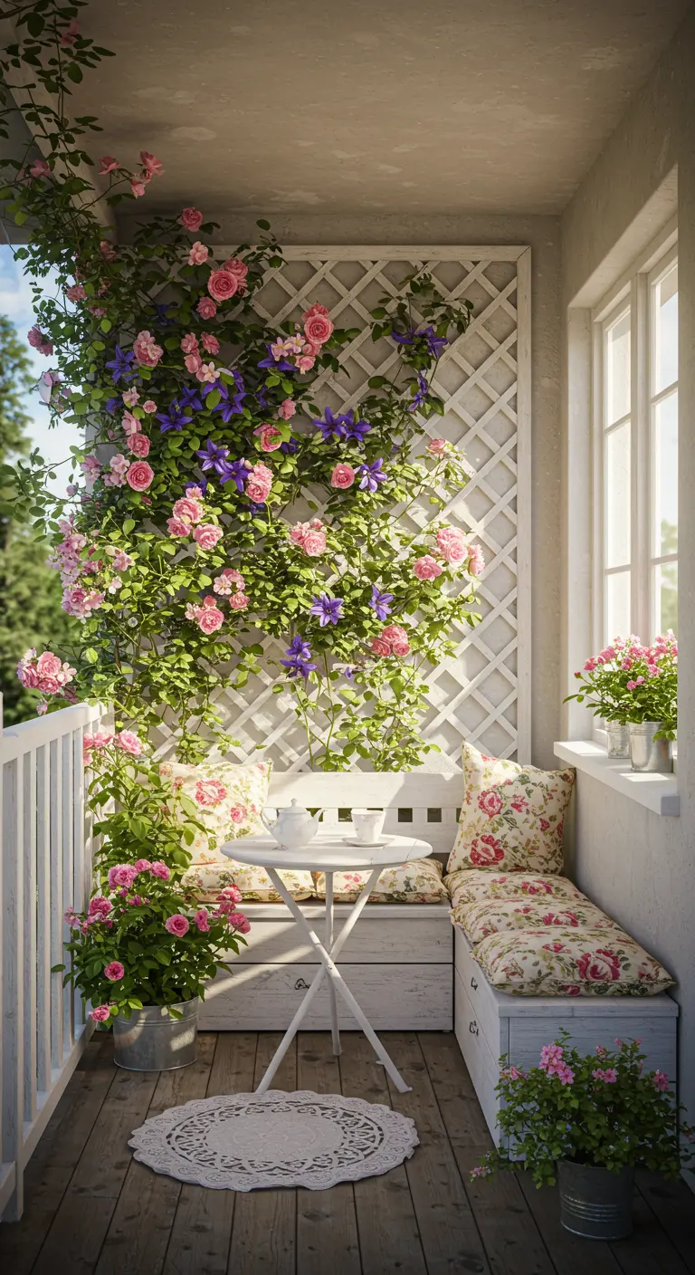 Witte balkonmuur met latwerk en roze klimrozen, wit bankje.