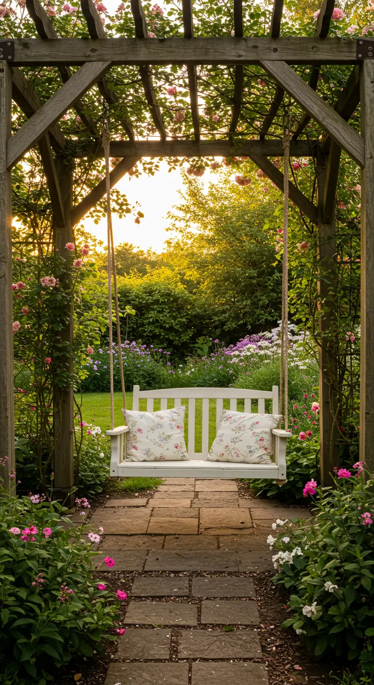 Witte houten schommelbank onder rozenpergola in bloeiende tuin.