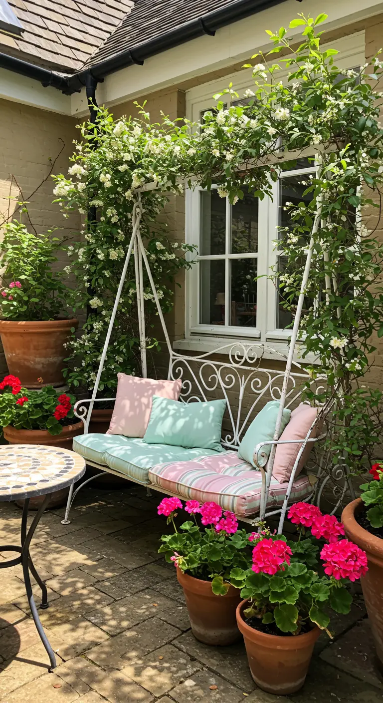 Witte metalen schommelbank met pastel kussens, omringd door bloeiende planten en rozen.