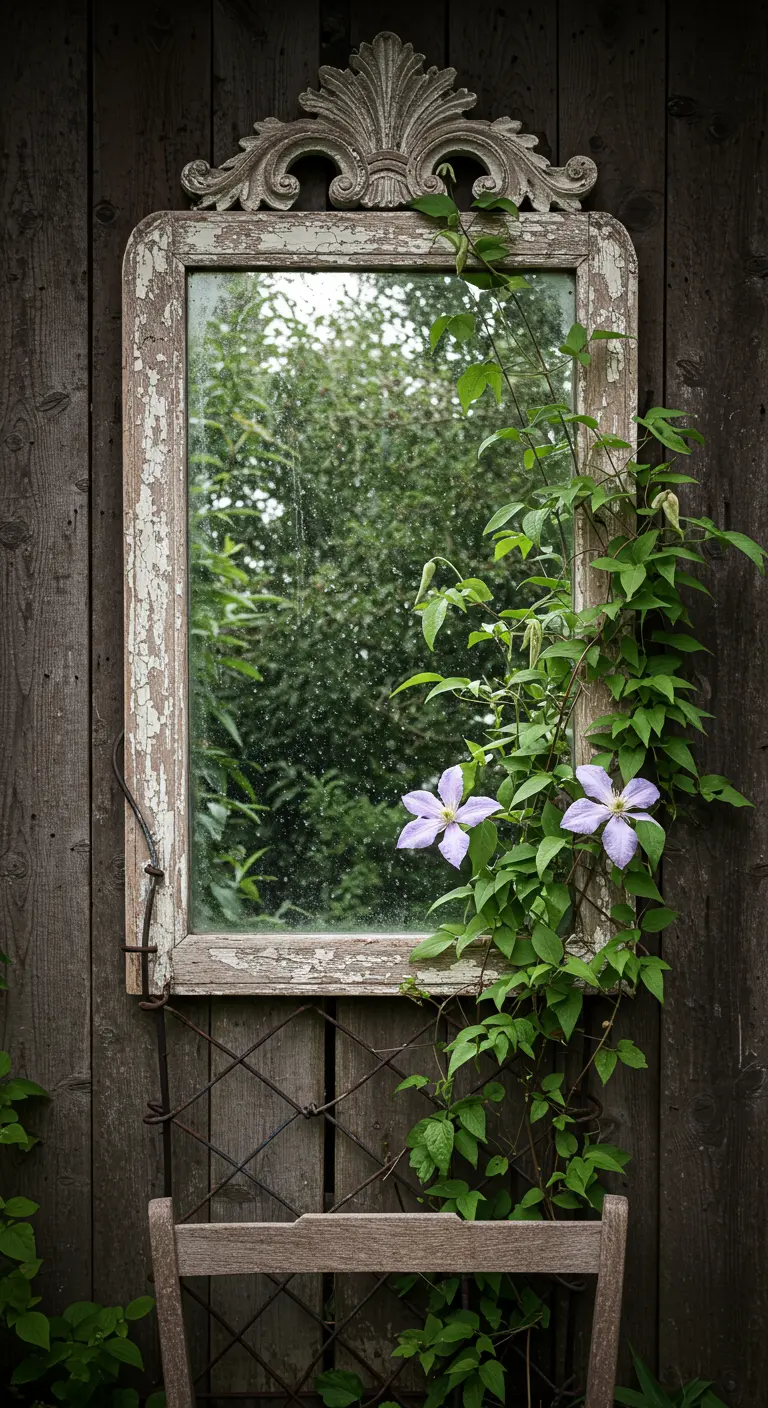 Oude, verweerde spiegel met witte lijst aan een houten wand, deels overgroeid met clematis.