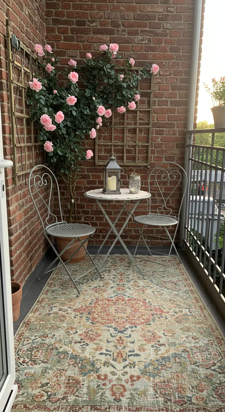 Balkon met vintage-look buitenkleed, bistroset en klimroos.