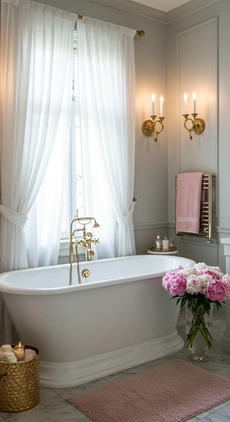Romantische badkamer met vrijstaand bad, gordijnen en gouden wandlampen