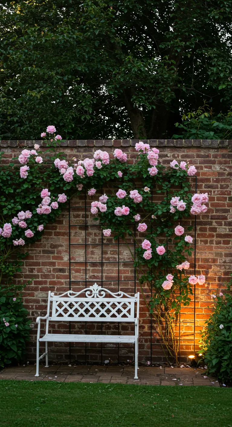 Oude bakstenen muur met weelderig bloeiende roze klimrozen en een wit gietijzeren bankje.