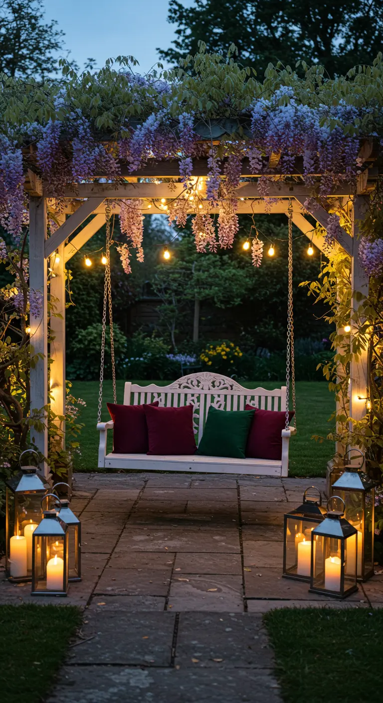 Witte houten schommelbank met rode en groene kussens onder een pergola met blauweregen en lichtslingers.