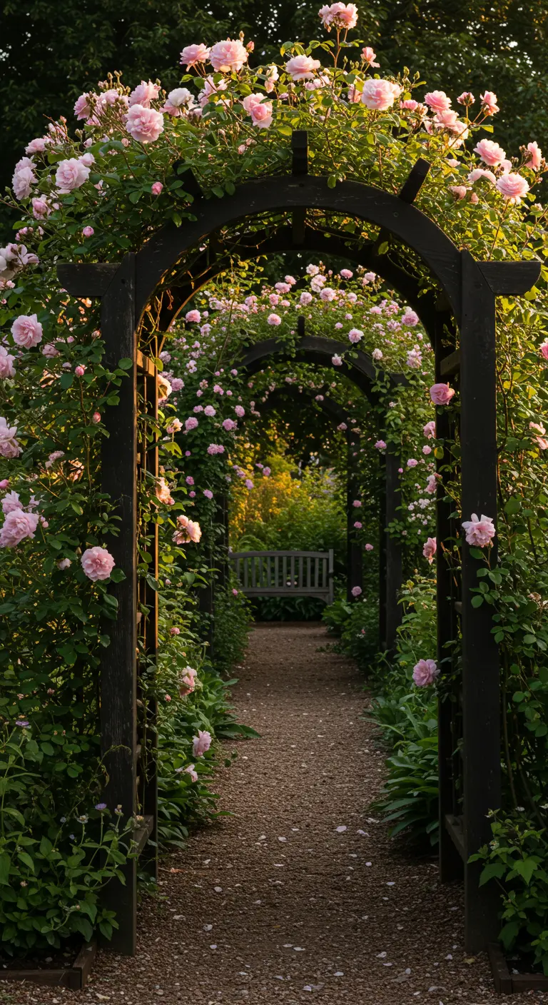 Tuinpad onder een serie van donkere houten bogen begroeid met bloeiende roze rozen.