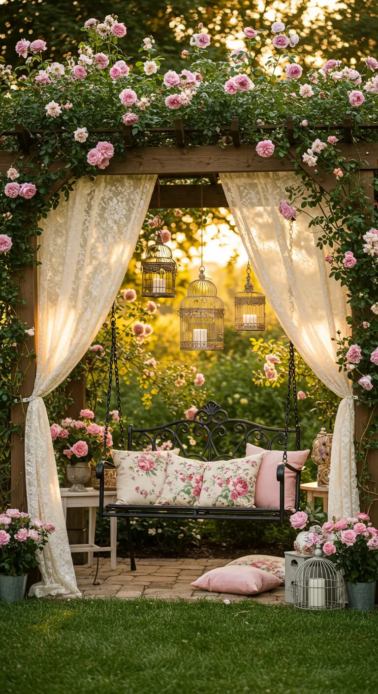 Romantische tuinsetting met smeedijzeren bank, kanten gordijnen en rozenboog.